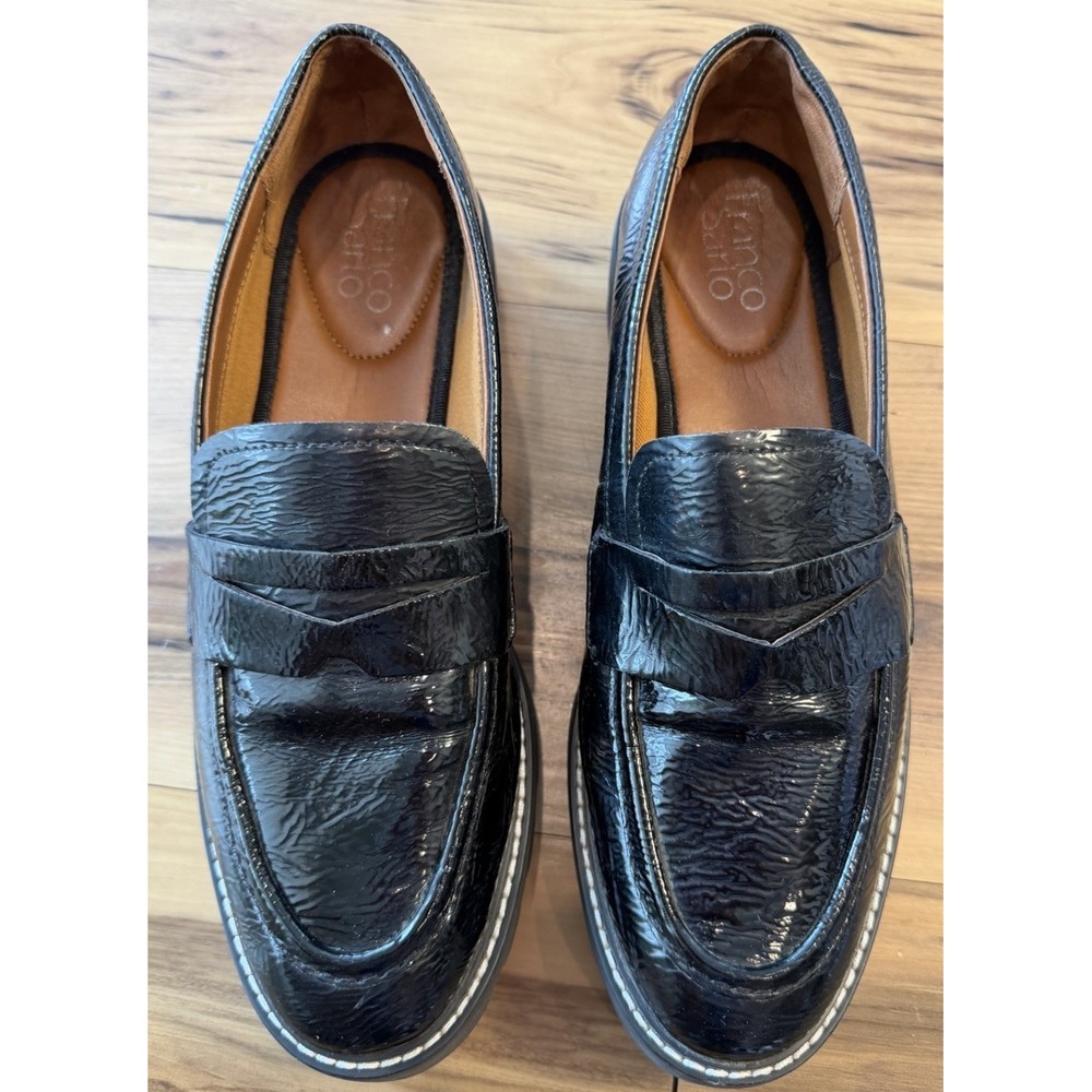 Franco Sarto L-Balin Black Patent Faux Leather Penny Loafers Lug Sole Sz 9.5